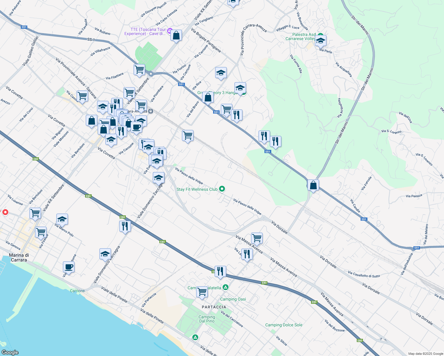 map of restaurants, bars, coffee shops, grocery stores, and more near 35 Via Antica Massa in Carrara