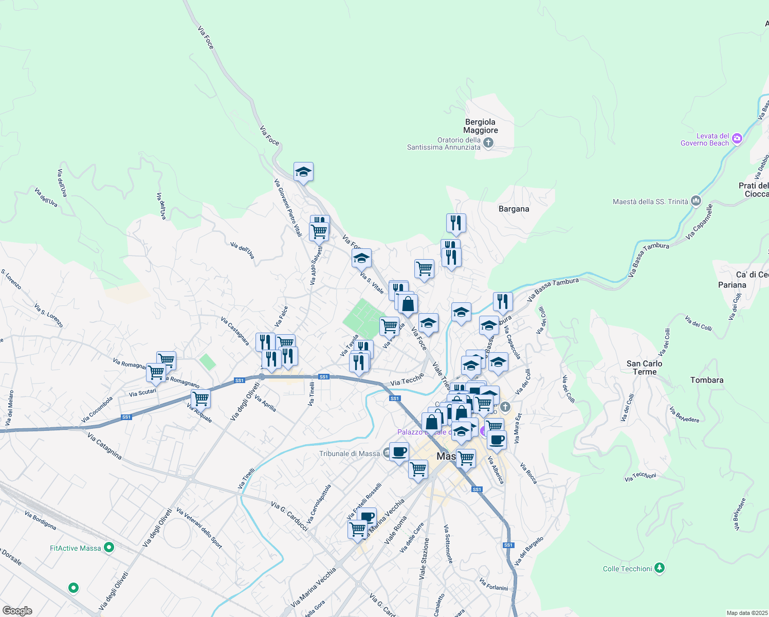 map of restaurants, bars, coffee shops, grocery stores, and more near 2 Viale del Cimitero in Massa