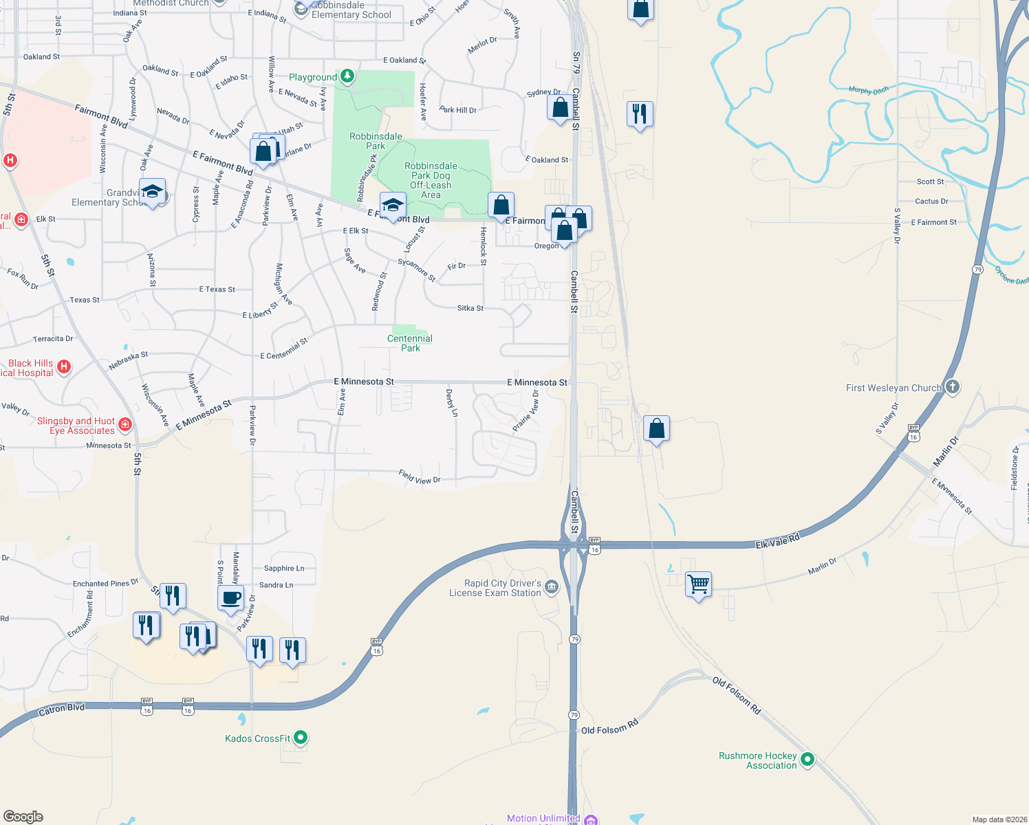 map of restaurants, bars, coffee shops, grocery stores, and more near 1220 Clover Ridge Drive in Rapid City