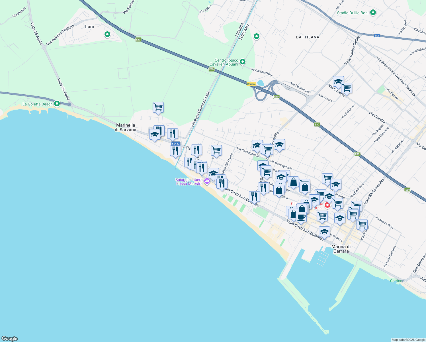 map of restaurants, bars, coffee shops, grocery stores, and more near 53 Via Comano in Marina di Carrara