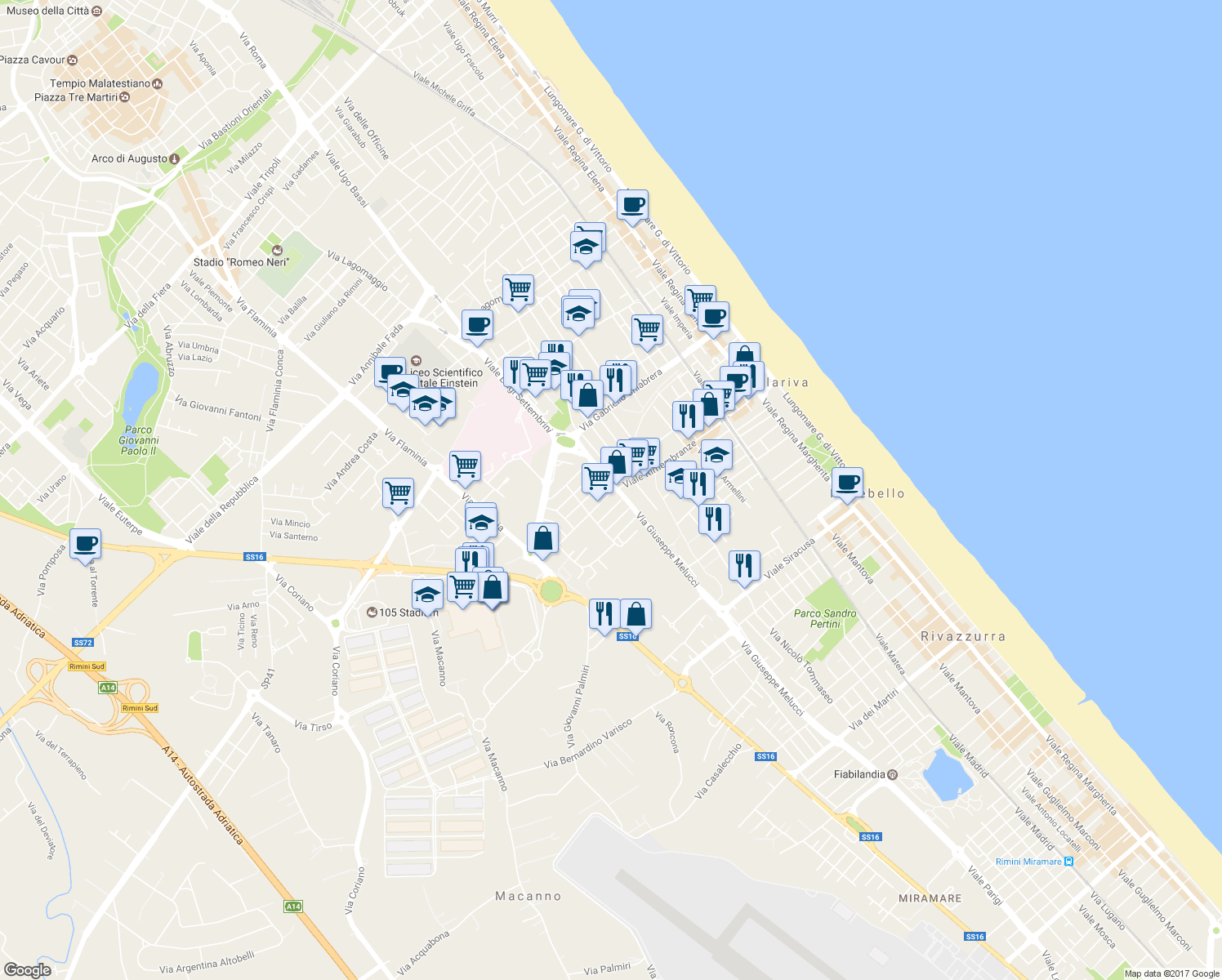 map of restaurants, bars, coffee shops, grocery stores, and more near 38 Viale delle Rimembranze in Rimini