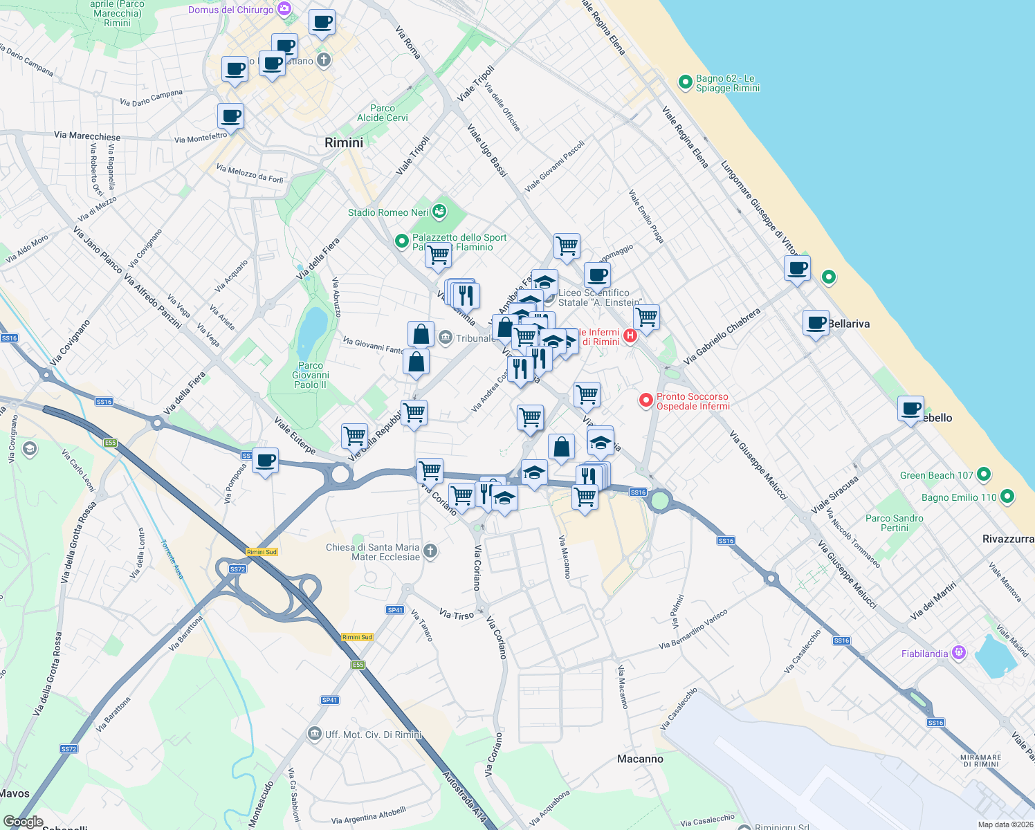 map of restaurants, bars, coffee shops, grocery stores, and more near 12 Via Macanno in Rimini