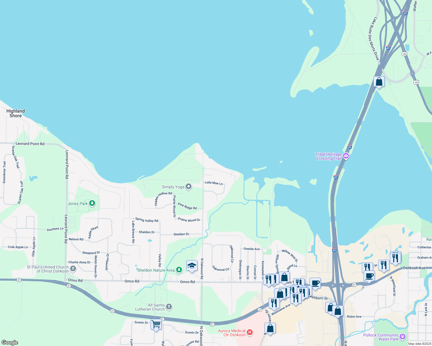 map of restaurants, bars, coffee shops, grocery stores, and more near 2715 Shorehaven Ln in Oshkosh