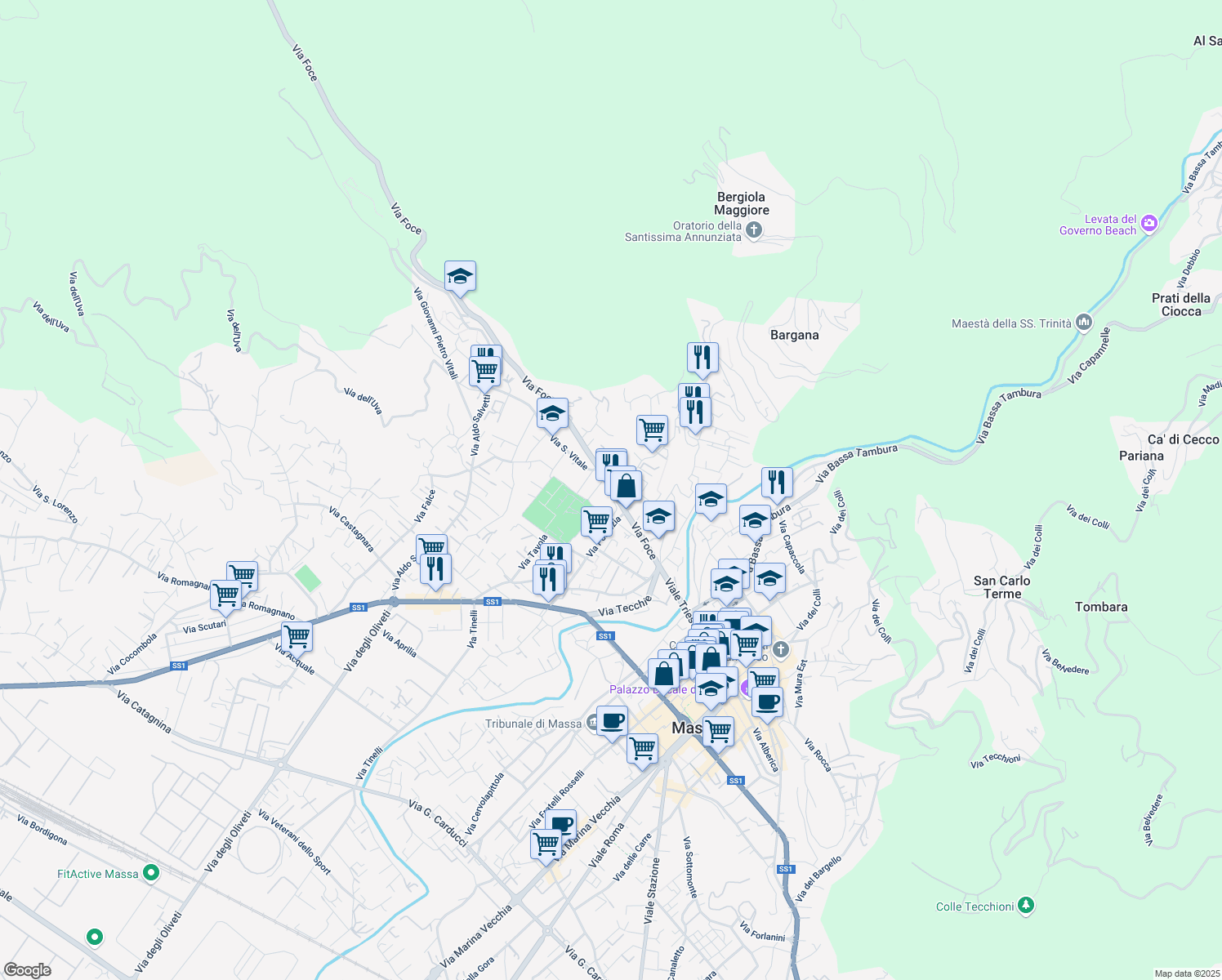 map of restaurants, bars, coffee shops, grocery stores, and more near 3 Via Frangola in Massa
