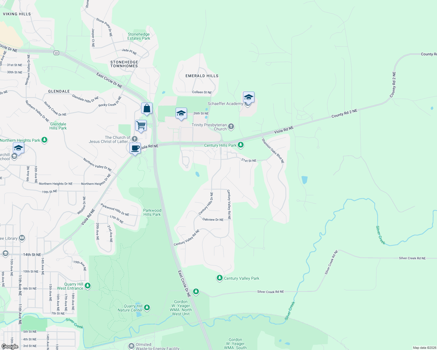 map of restaurants, bars, coffee shops, grocery stores, and more near 2036 Century Hills Drive Northeast in Rochester