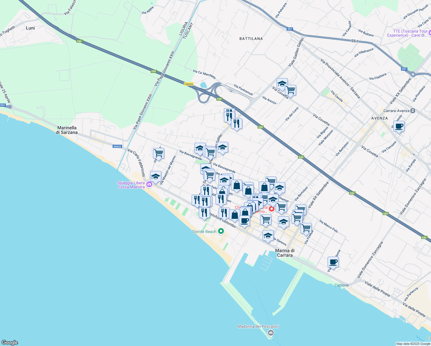 map of restaurants, bars, coffee shops, grocery stores, and more near 135 Via dei Mille in Marina di Carrara