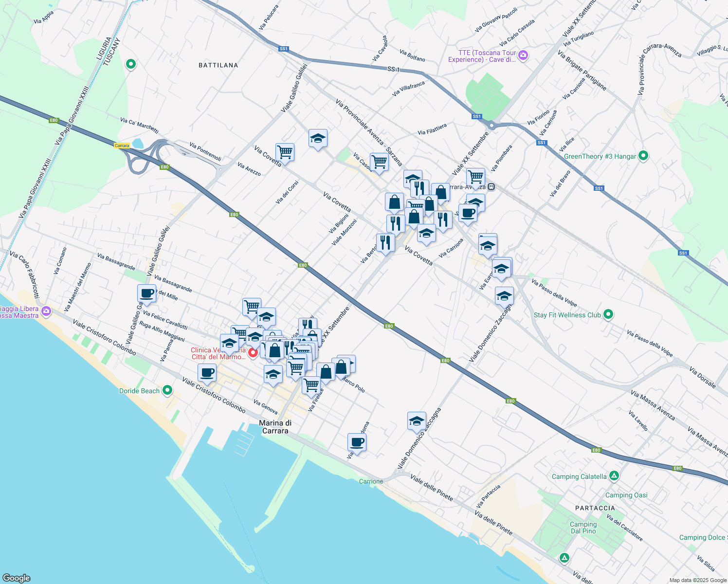 map of restaurants, bars, coffee shops, grocery stores, and more near 249A Viale XX Settembre in Carrara