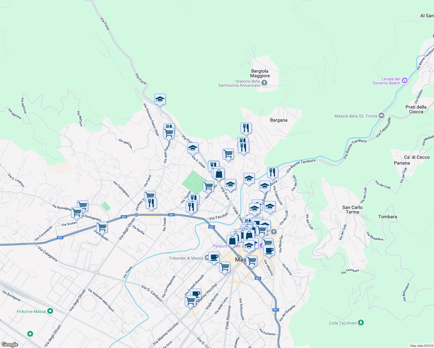 map of restaurants, bars, coffee shops, grocery stores, and more near 3 Via Frangola in Massa
