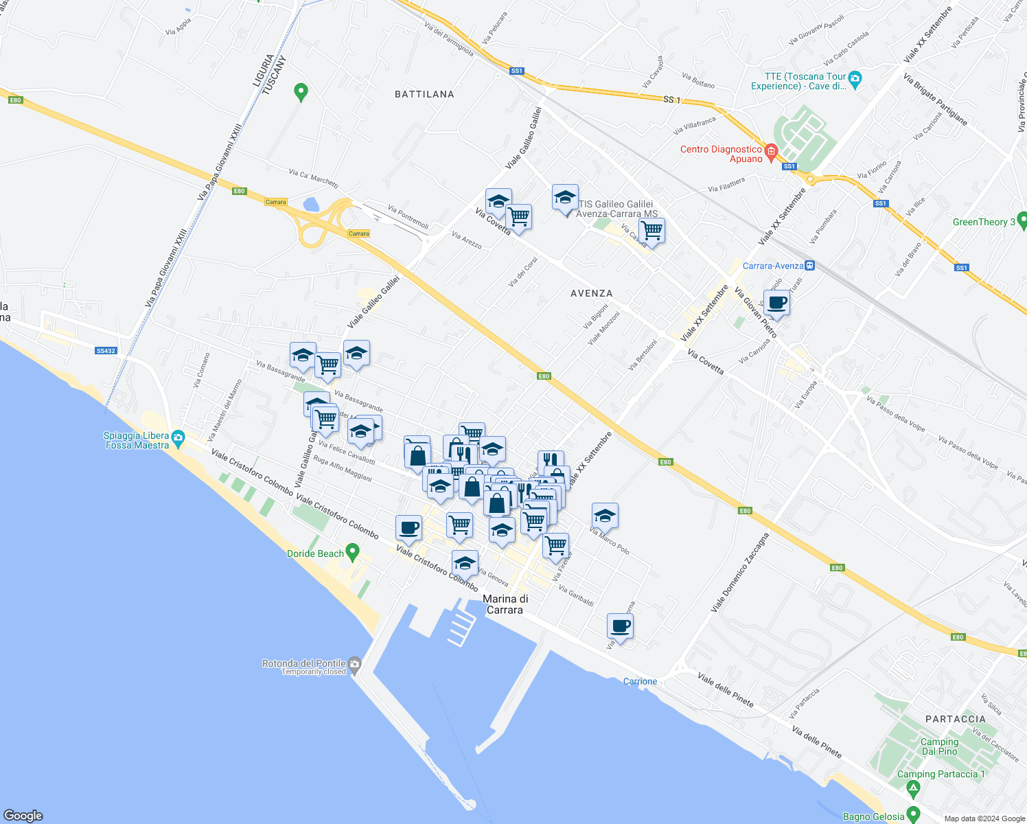 map of restaurants, bars, coffee shops, grocery stores, and more near 52 Via Bigioni in Carrara