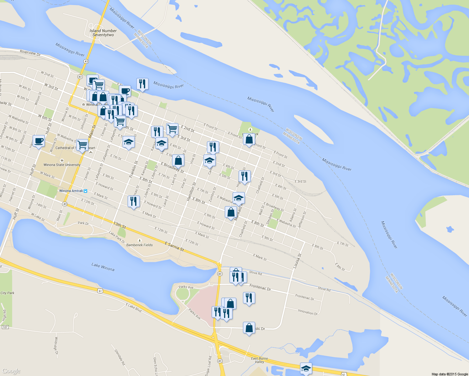 map of restaurants, bars, coffee shops, grocery stores, and more near 722 East Broadway Street in Winona