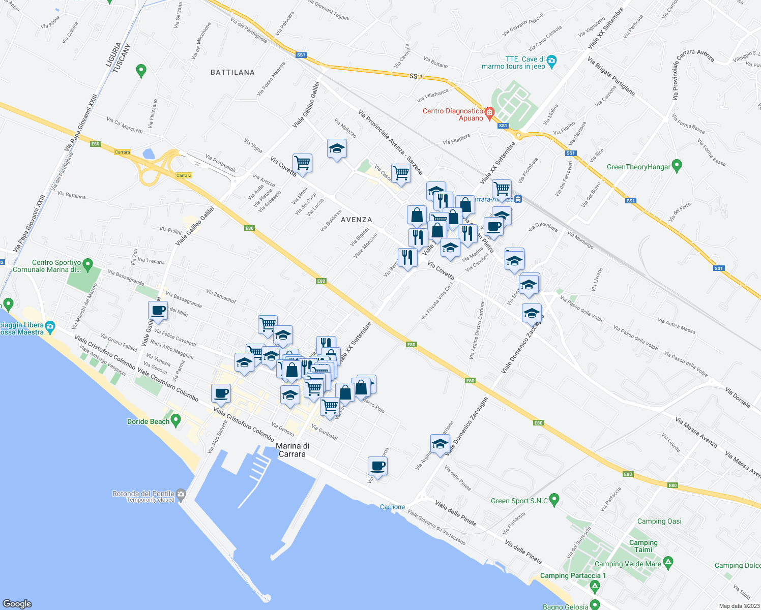 map of restaurants, bars, coffee shops, grocery stores, and more near 249A Viale XX Settembre in Carrara