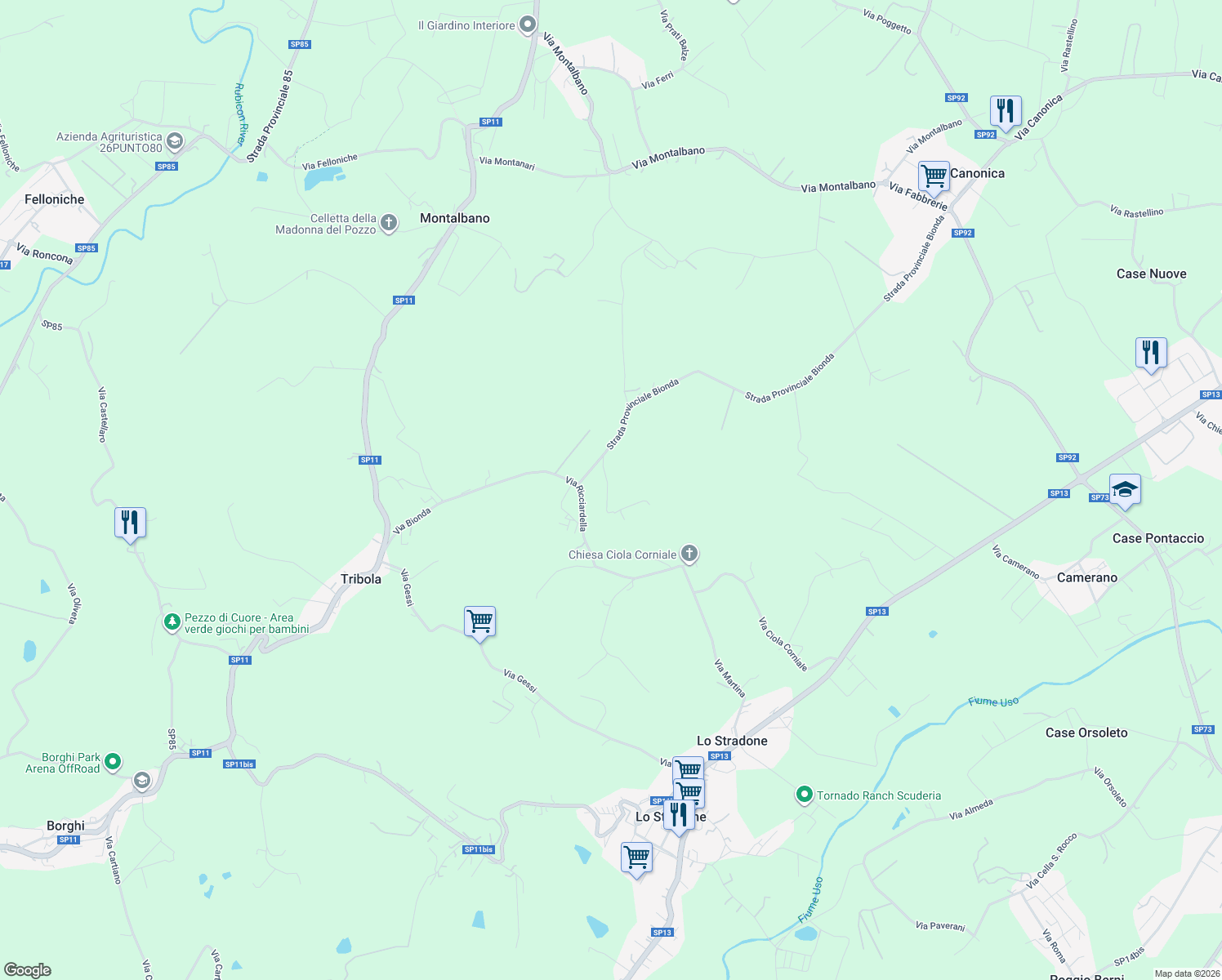 map of restaurants, bars, coffee shops, grocery stores, and more near 488 Via Pellegrini in Provincia di Rimini