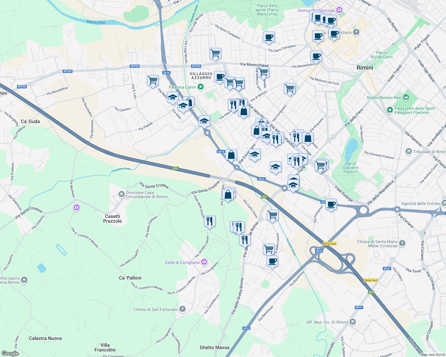 map of restaurants, bars, coffee shops, grocery stores, and more near 221a Via Covignano in Rimini