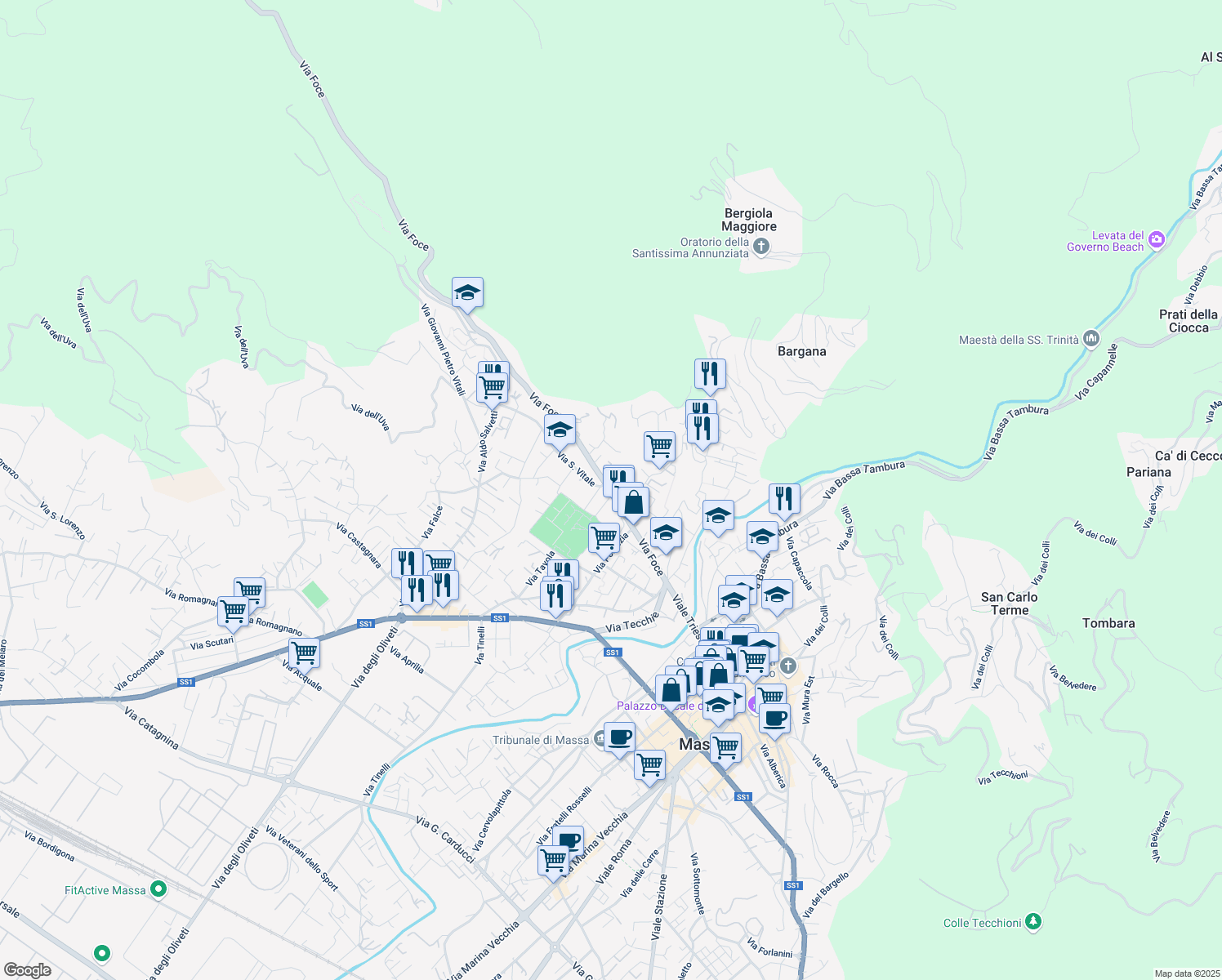 map of restaurants, bars, coffee shops, grocery stores, and more near 2 Viale del Cimitero in Massa