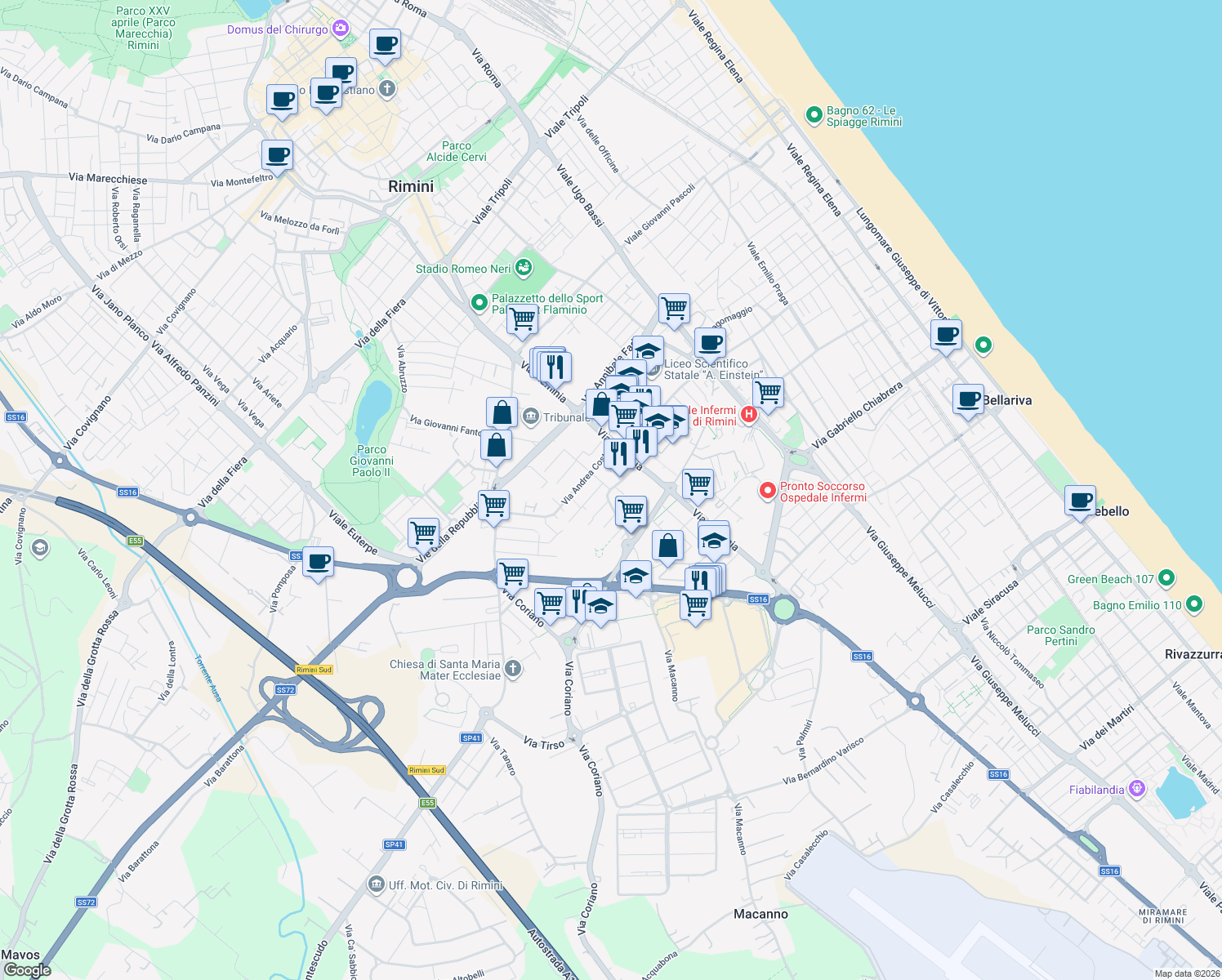 map of restaurants, bars, coffee shops, grocery stores, and more near 12 Via Macanno in Rimini