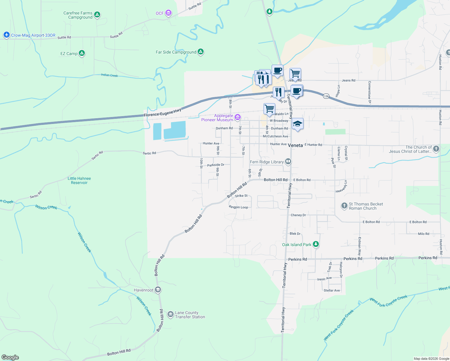 map of restaurants, bars, coffee shops, grocery stores, and more near 87974 8th Street in Veneta