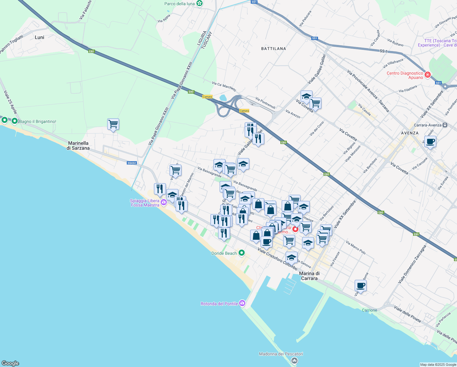 map of restaurants, bars, coffee shops, grocery stores, and more near 52 Via Bassagrande in Carrara