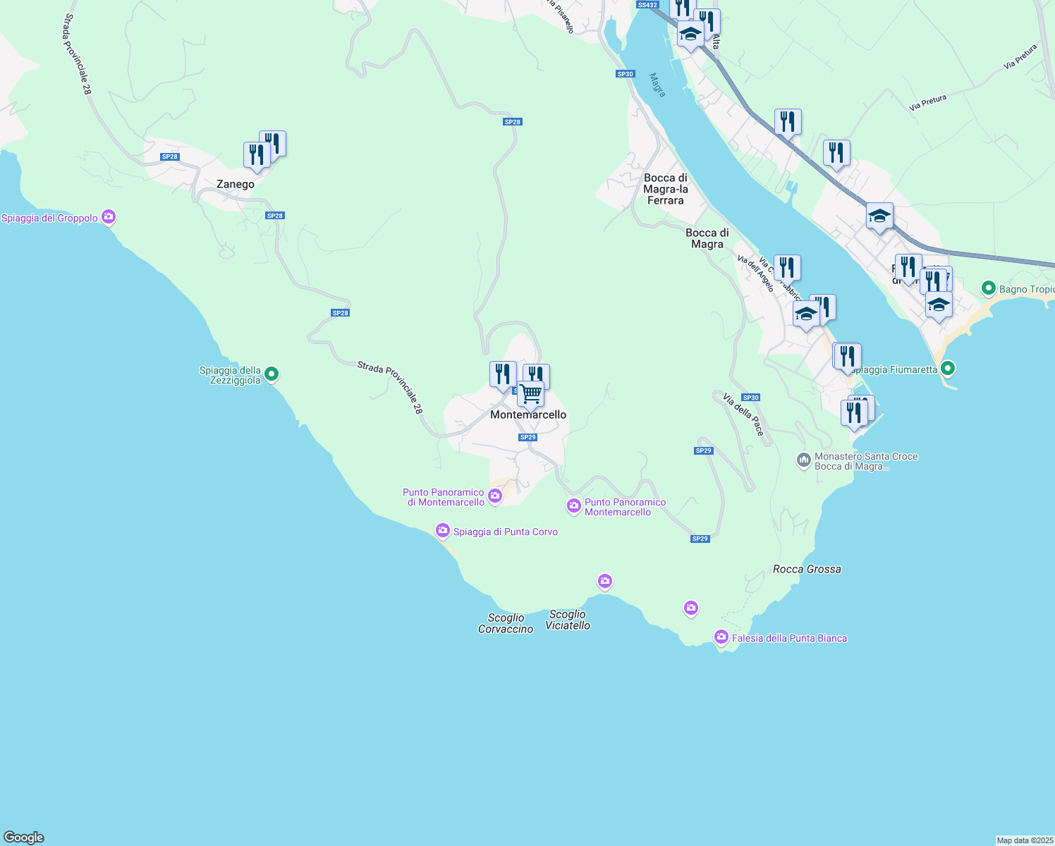 map of restaurants, bars, coffee shops, grocery stores, and more near 3 Via Corvo in Montemarcello