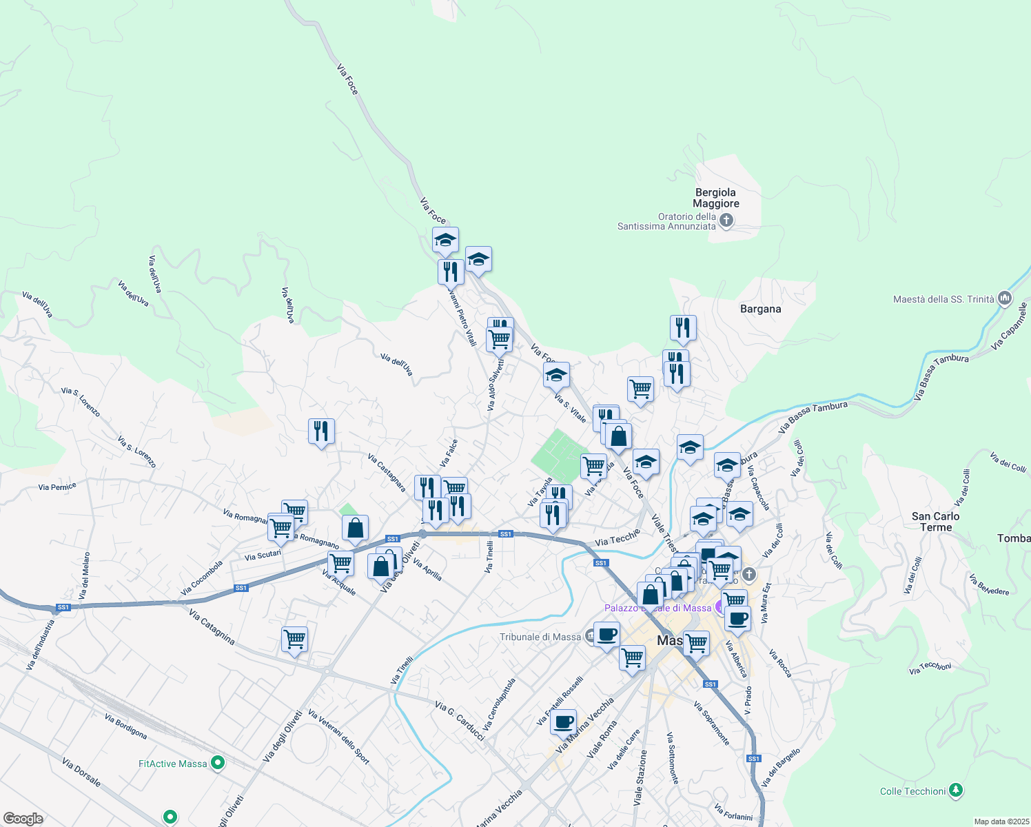 map of restaurants, bars, coffee shops, grocery stores, and more near 11 Via della Sala in Massa