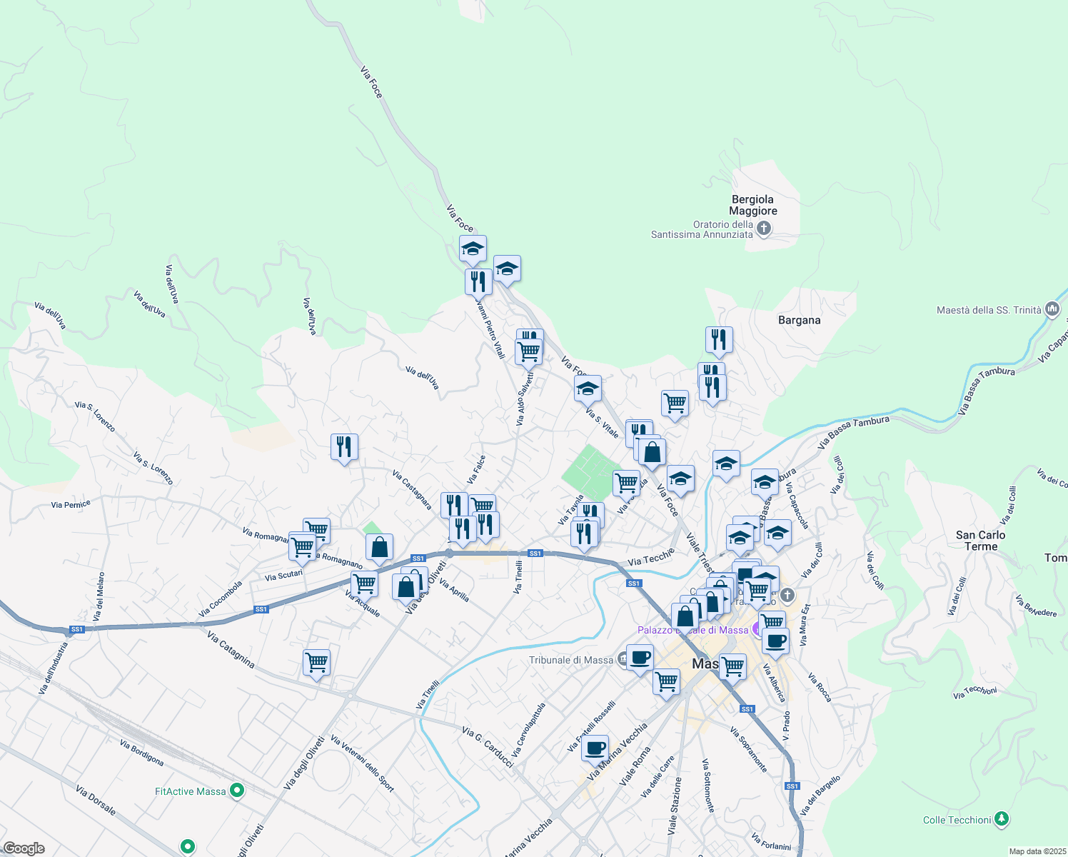 map of restaurants, bars, coffee shops, grocery stores, and more near 11 Via della Sala in Massa