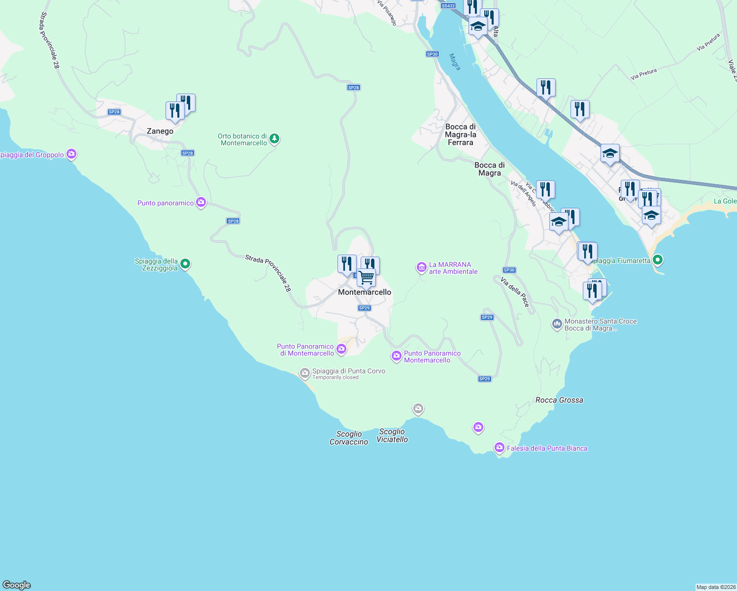 map of restaurants, bars, coffee shops, grocery stores, and more near in Montemarcello