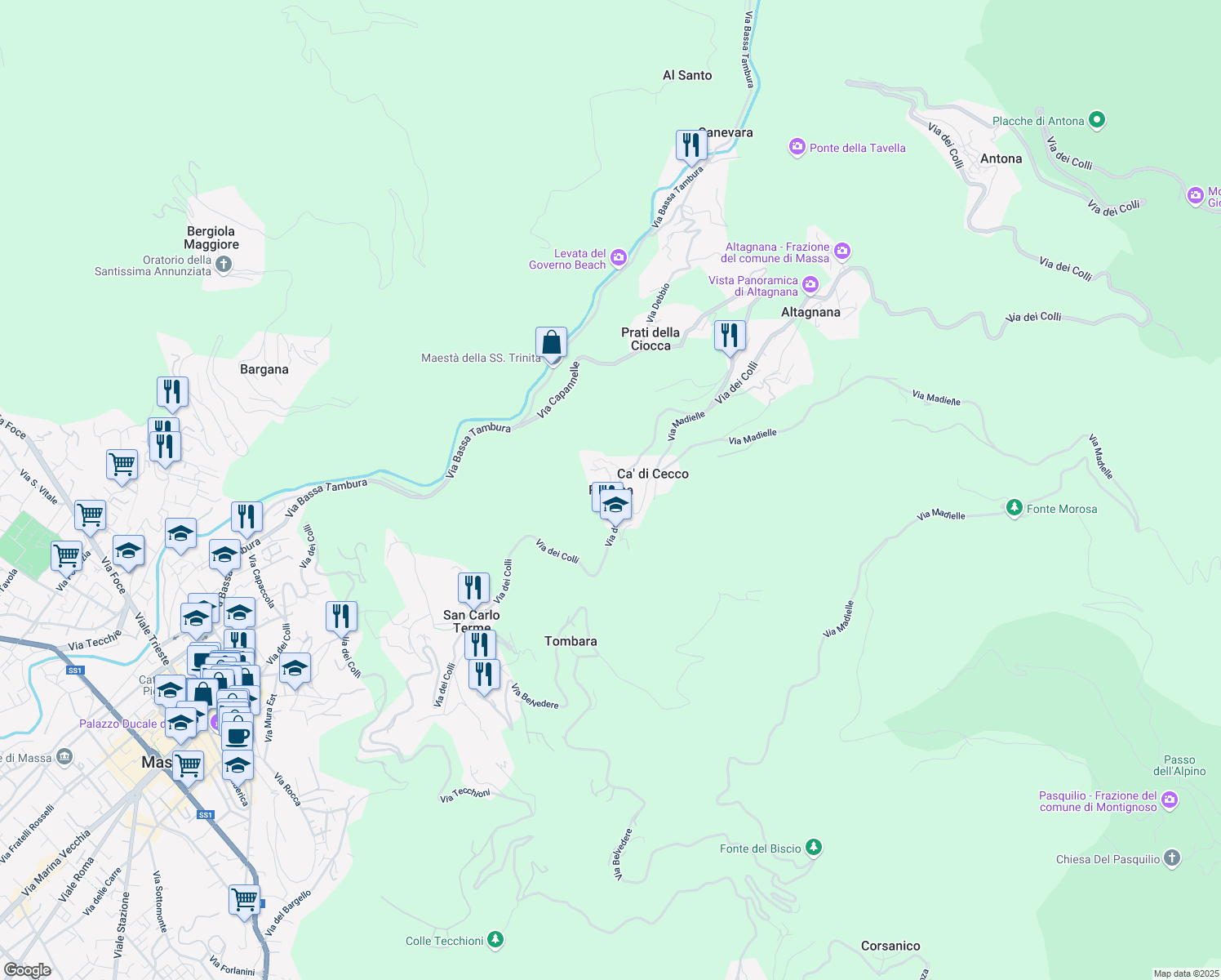 map of restaurants, bars, coffee shops, grocery stores, and more near 83 via Gaspero Jacopetti in Massa