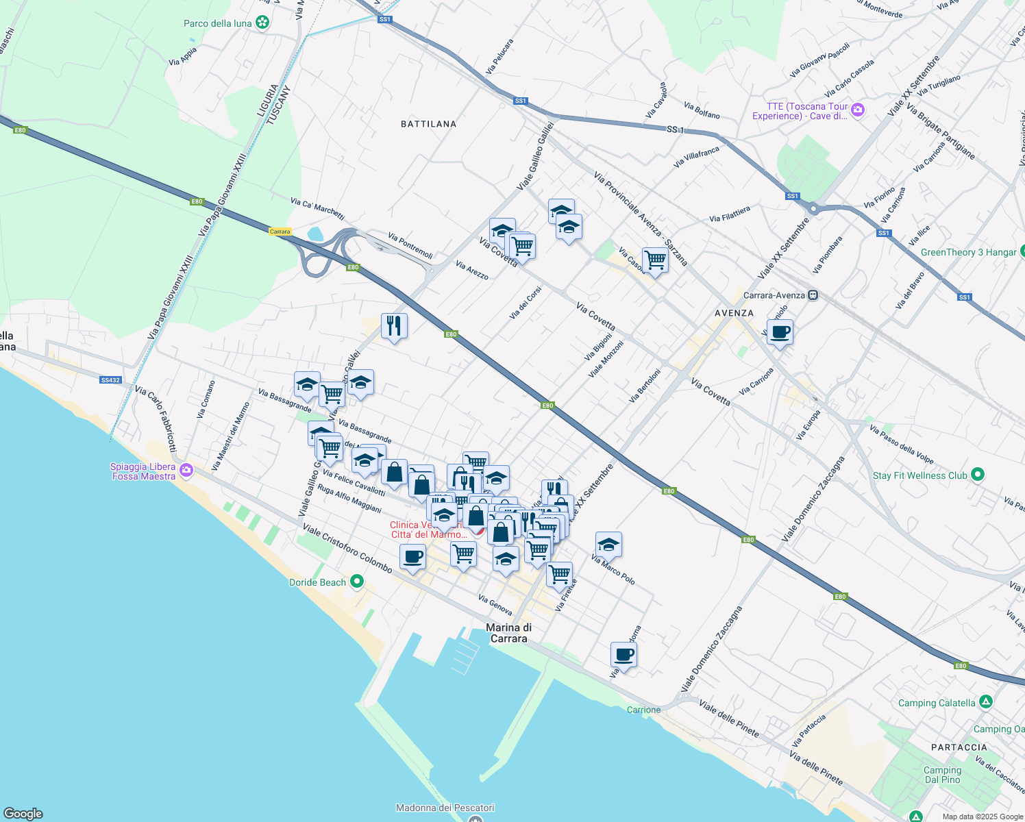 map of restaurants, bars, coffee shops, grocery stores, and more near 28 Vicolo Bigioni in Marina di Carrara