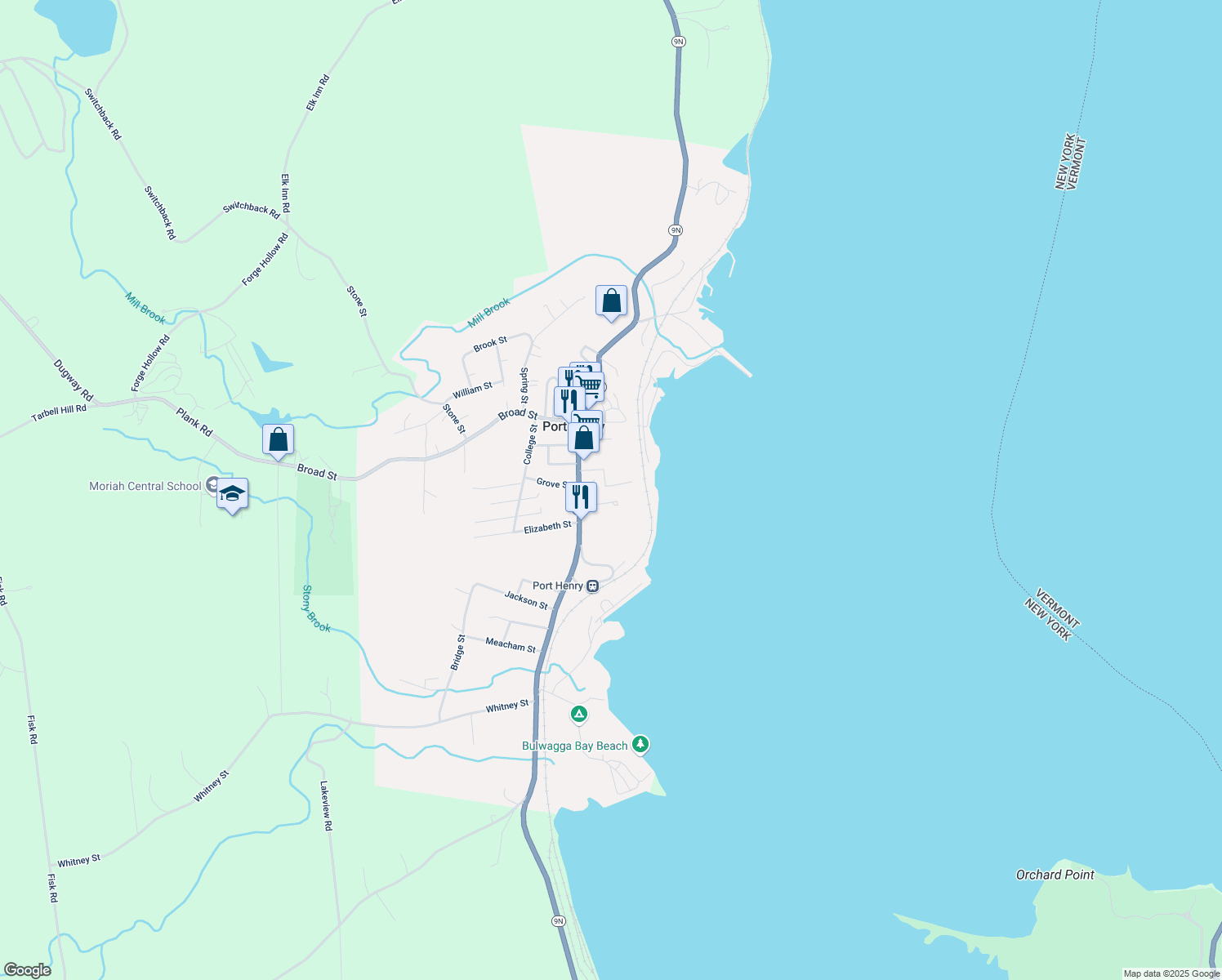 map of restaurants, bars, coffee shops, grocery stores, and more near 26 Rice Ln in Port Henry