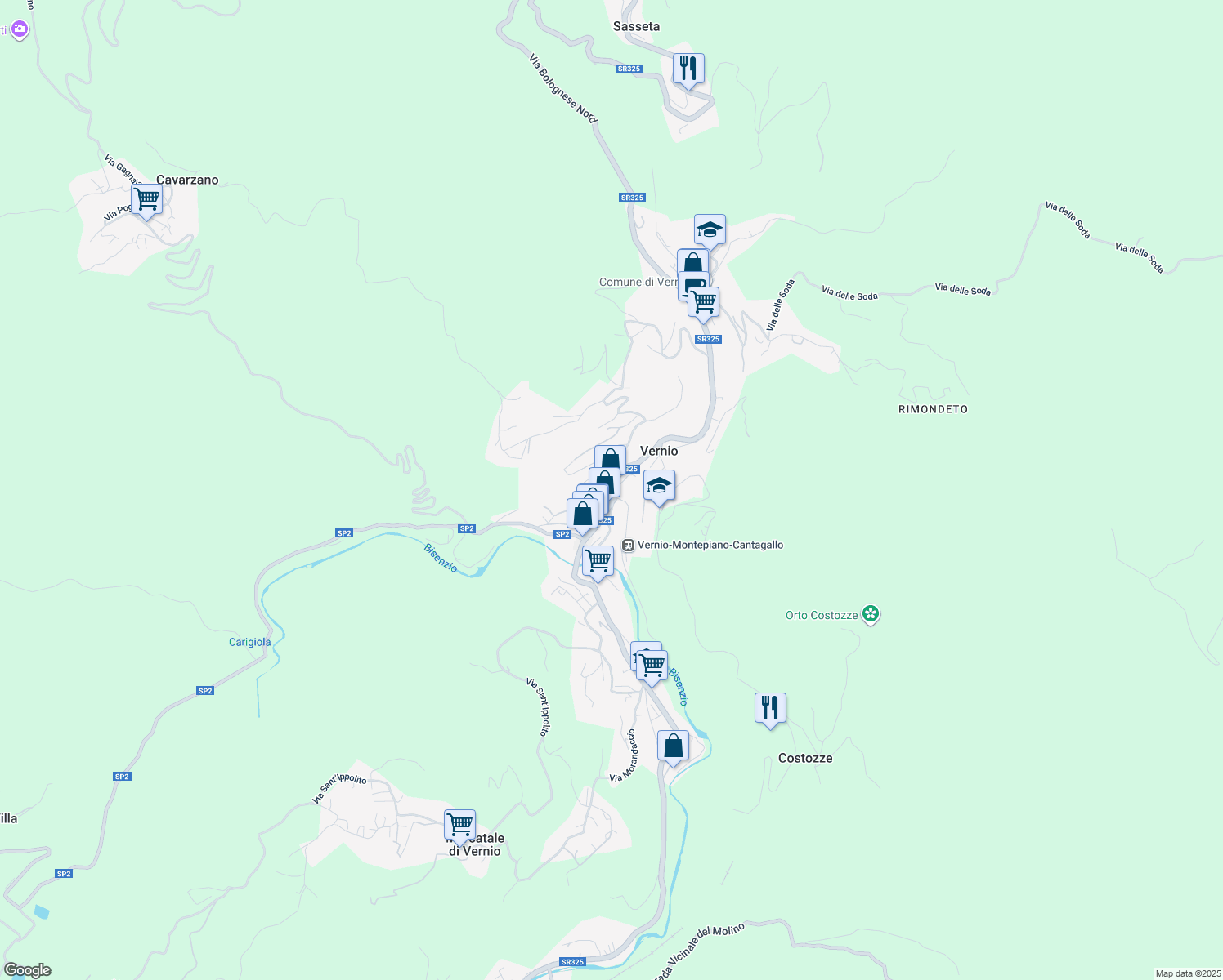 map of restaurants, bars, coffee shops, grocery stores, and more near Via del Bisenzio in Mercatale-San Quirico