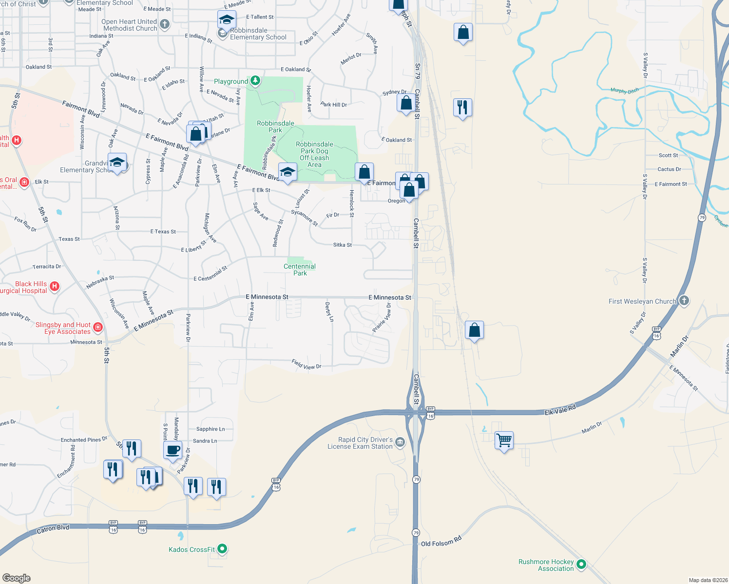 map of restaurants, bars, coffee shops, grocery stores, and more near 1220 E Minnesota St in Rapid City