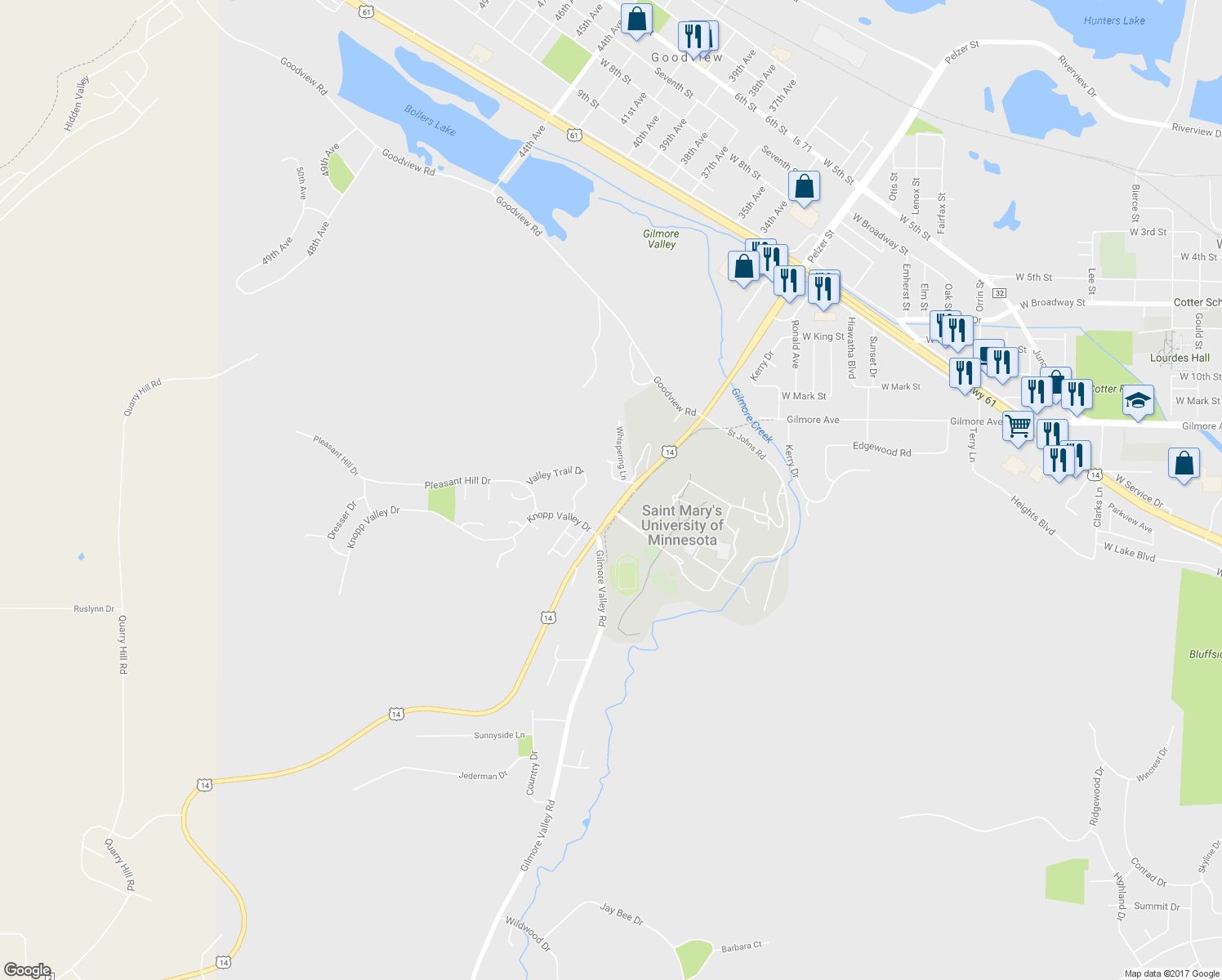 map of restaurants, bars, coffee shops, grocery stores, and more near 725 U.S. 14 in Winona