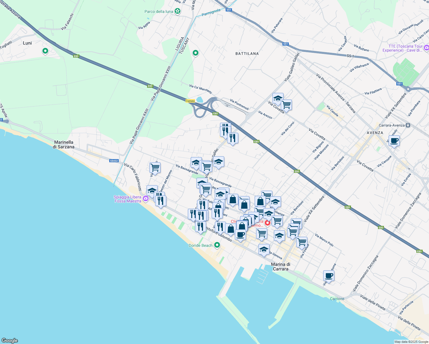 map of restaurants, bars, coffee shops, grocery stores, and more near 120 Viale Galileo Galilei in Carrara
