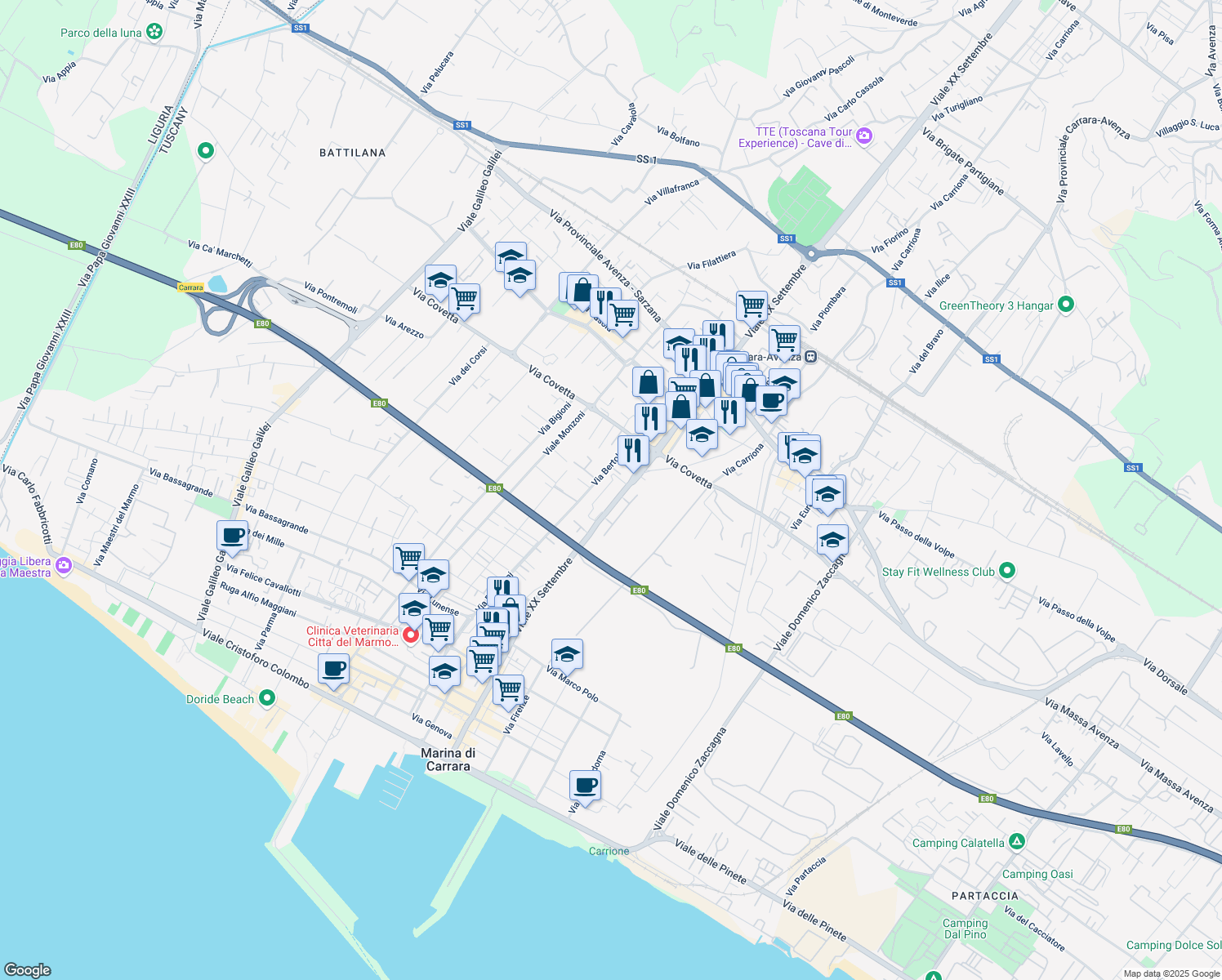 map of restaurants, bars, coffee shops, grocery stores, and more near 245B Viale XX Settembre in Carrara