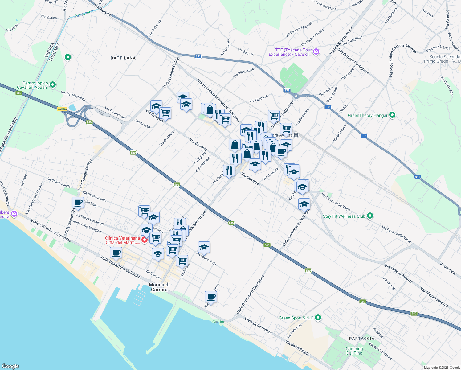 map of restaurants, bars, coffee shops, grocery stores, and more near 245B Viale XX Settembre in Carrara