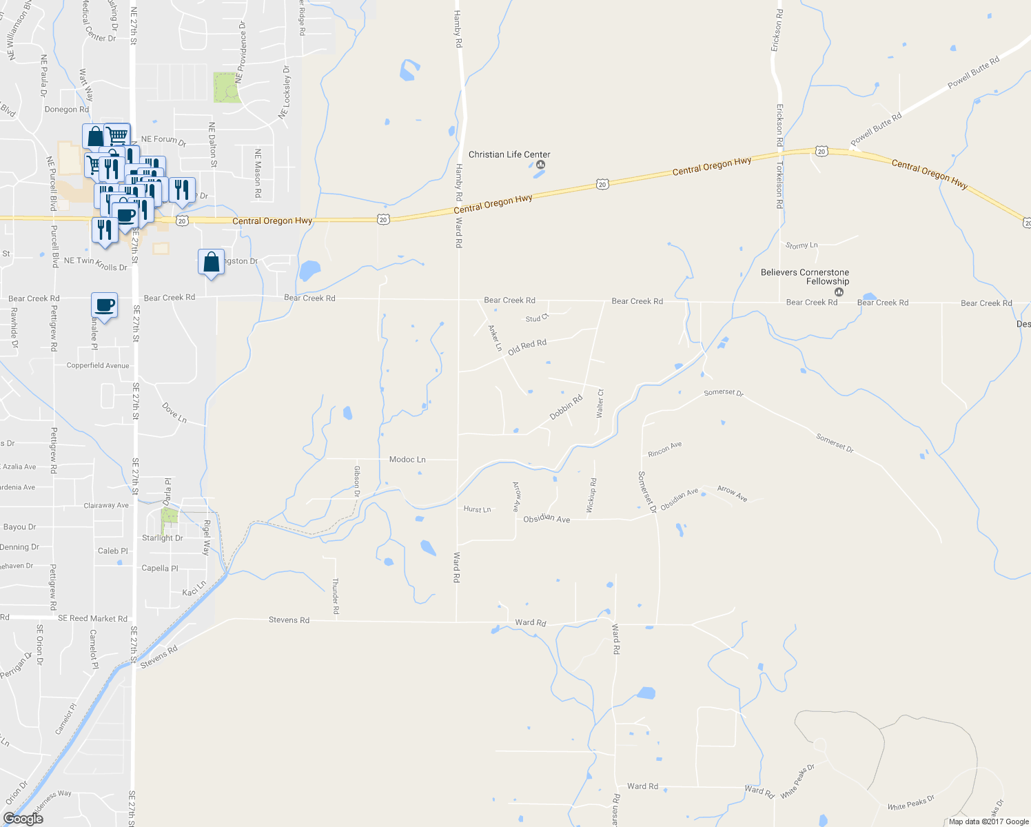 map of restaurants, bars, coffee shops, grocery stores, and more near 61849 Dobbin Road in Bend