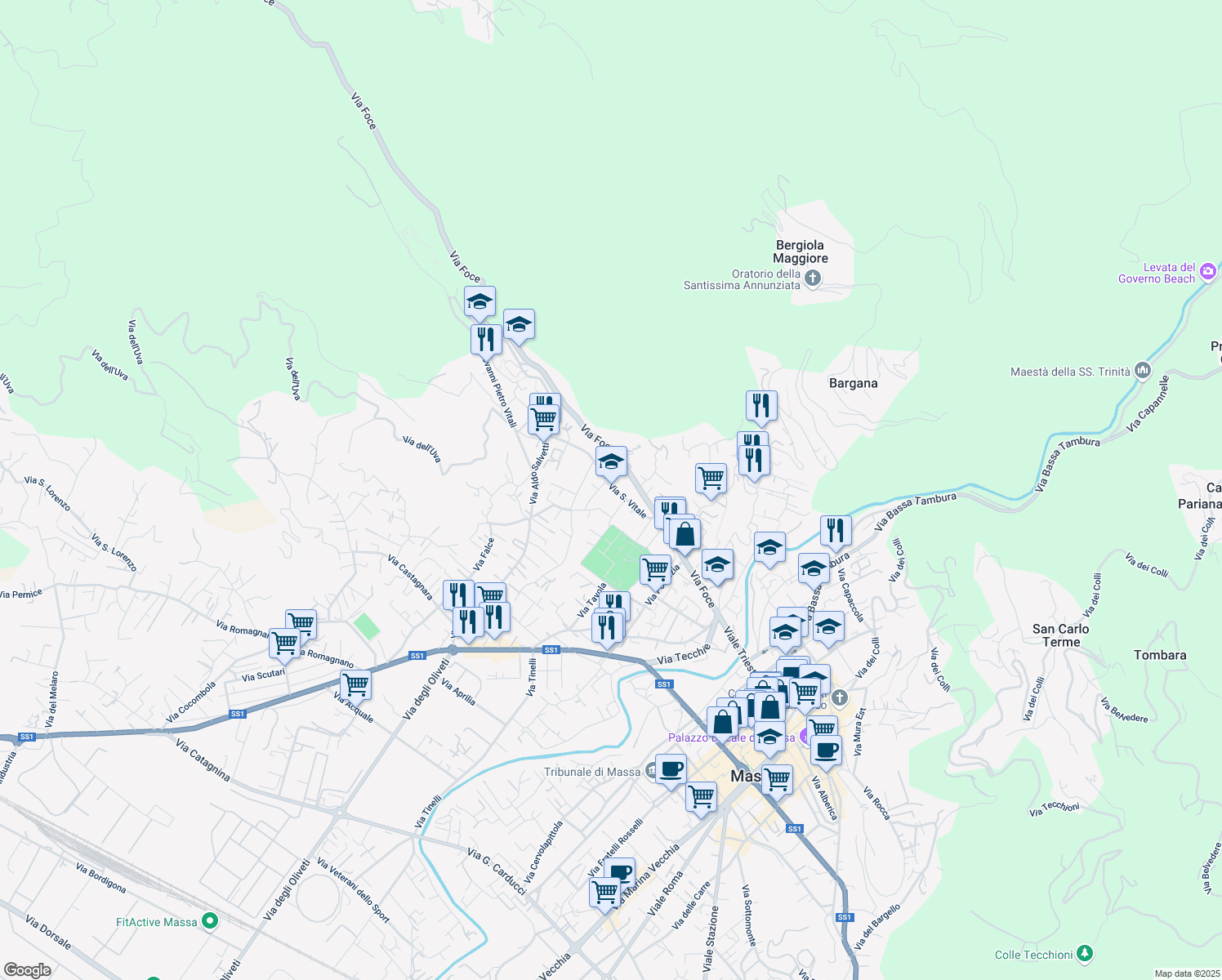 map of restaurants, bars, coffee shops, grocery stores, and more near 21 Via San Vitale in Massa