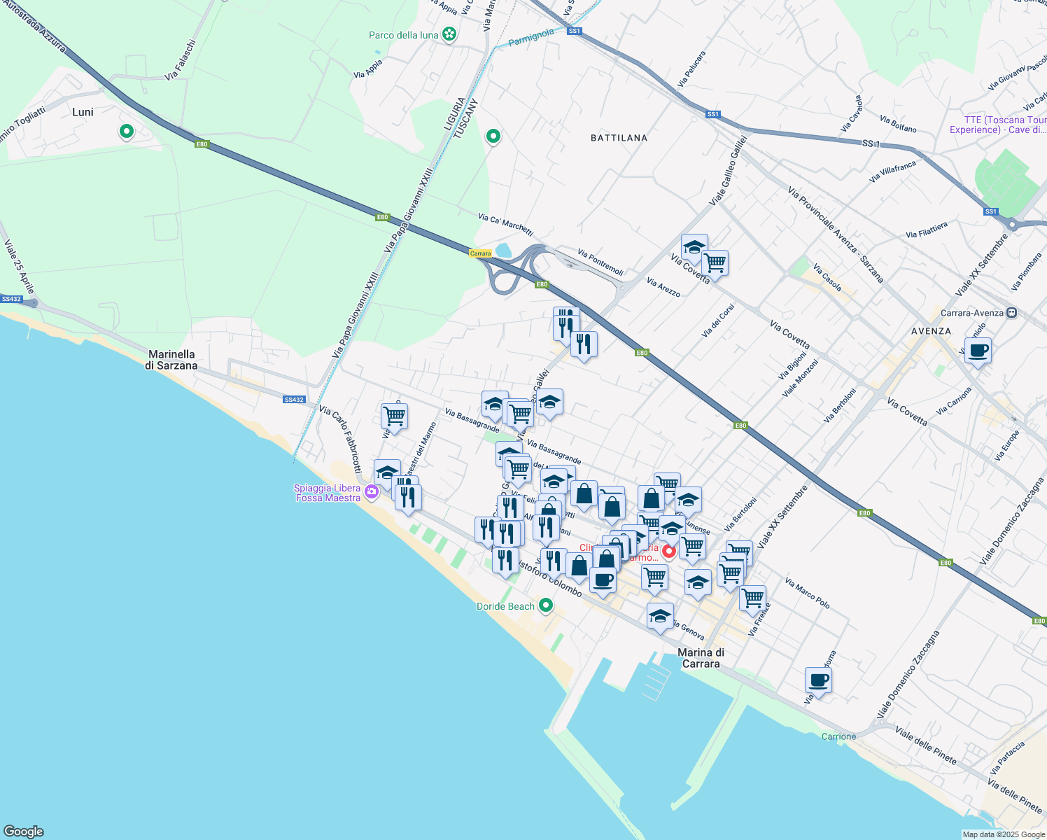 map of restaurants, bars, coffee shops, grocery stores, and more near 120 Viale Galileo Galilei in Marina di Carrara