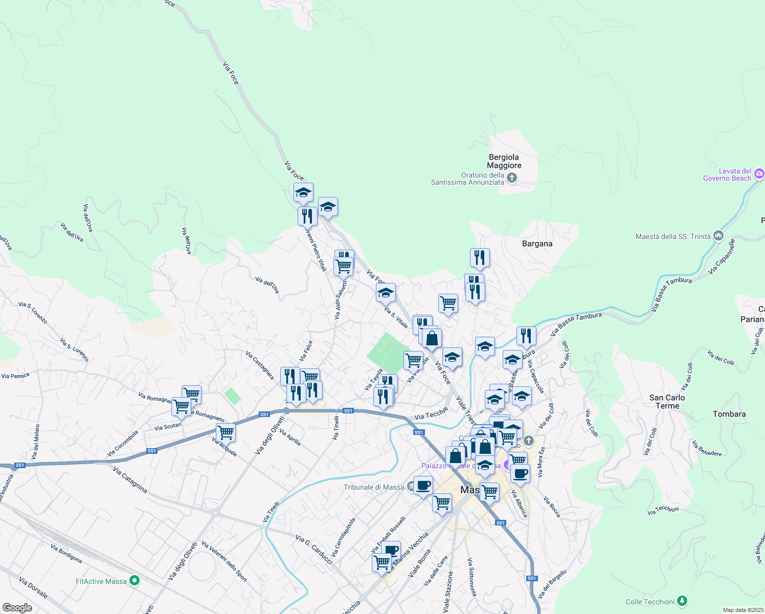map of restaurants, bars, coffee shops, grocery stores, and more near 21 Via San Vitale in Massa