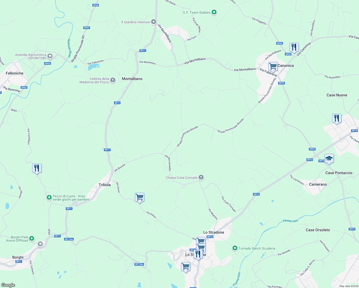 map of restaurants, bars, coffee shops, grocery stores, and more near 488 Via Pellegrini in Provincia di Rimini