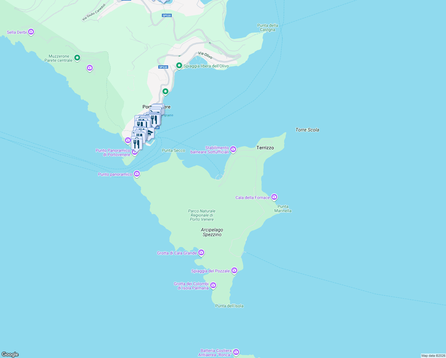map of restaurants, bars, coffee shops, grocery stores, and more near 4 Via Cavour in Isola Palmaria