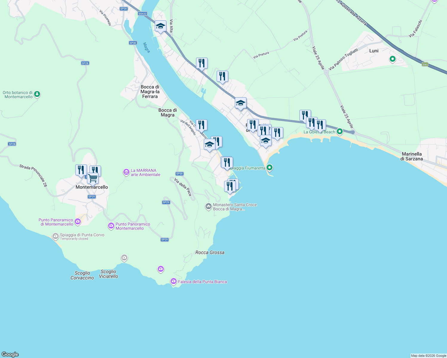map of restaurants, bars, coffee shops, grocery stores, and more near Via Santa Croce in Bocca di Magra