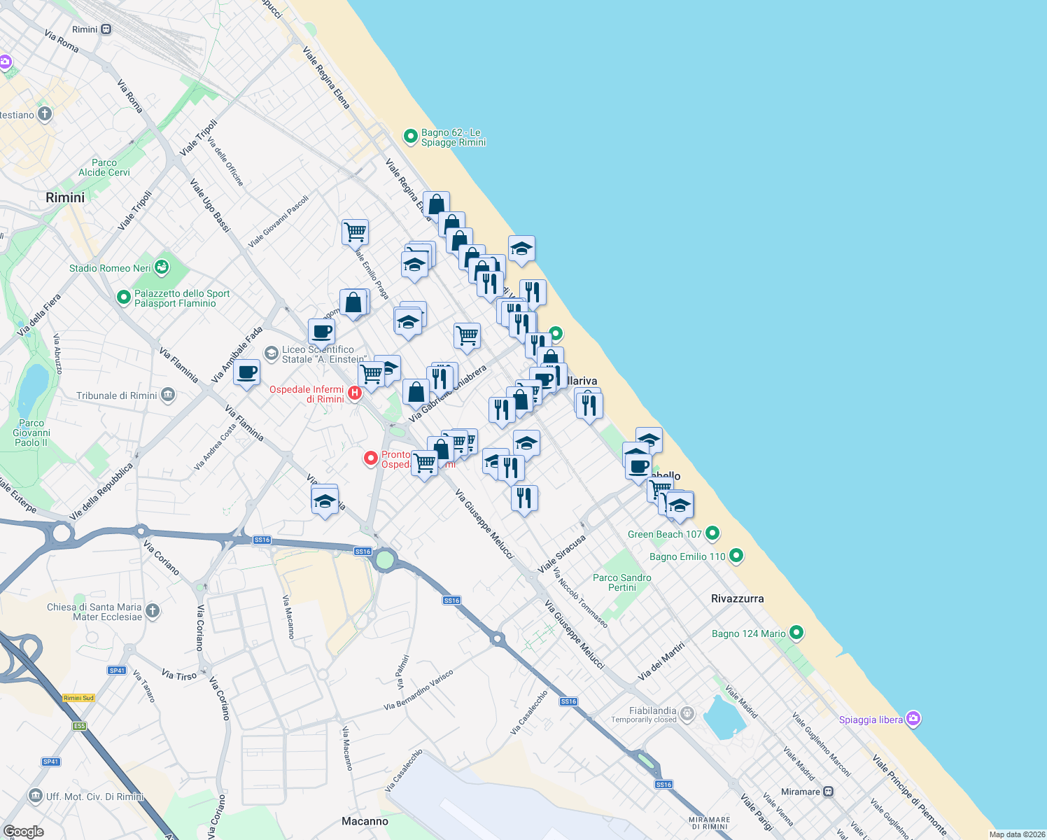 map of restaurants, bars, coffee shops, grocery stores, and more near 1 Viale Pesaro in Rimini