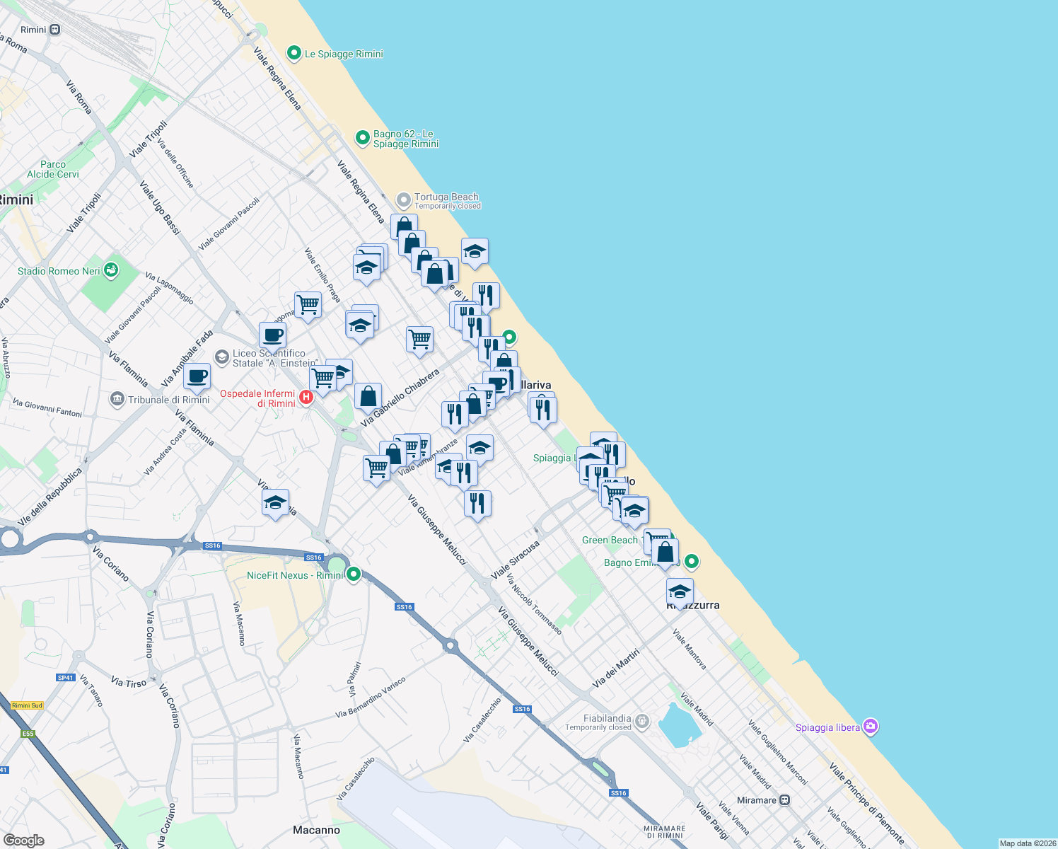 map of restaurants, bars, coffee shops, grocery stores, and more near 5 Viale Bertinoro in Rimini