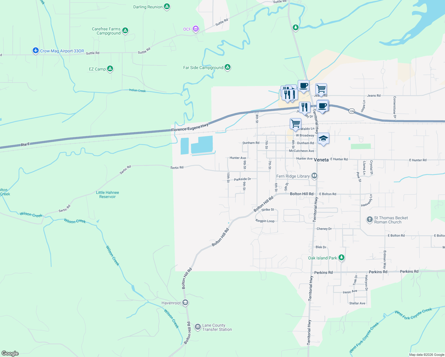 map of restaurants, bars, coffee shops, grocery stores, and more near 24705 Parkside Drive in Veneta