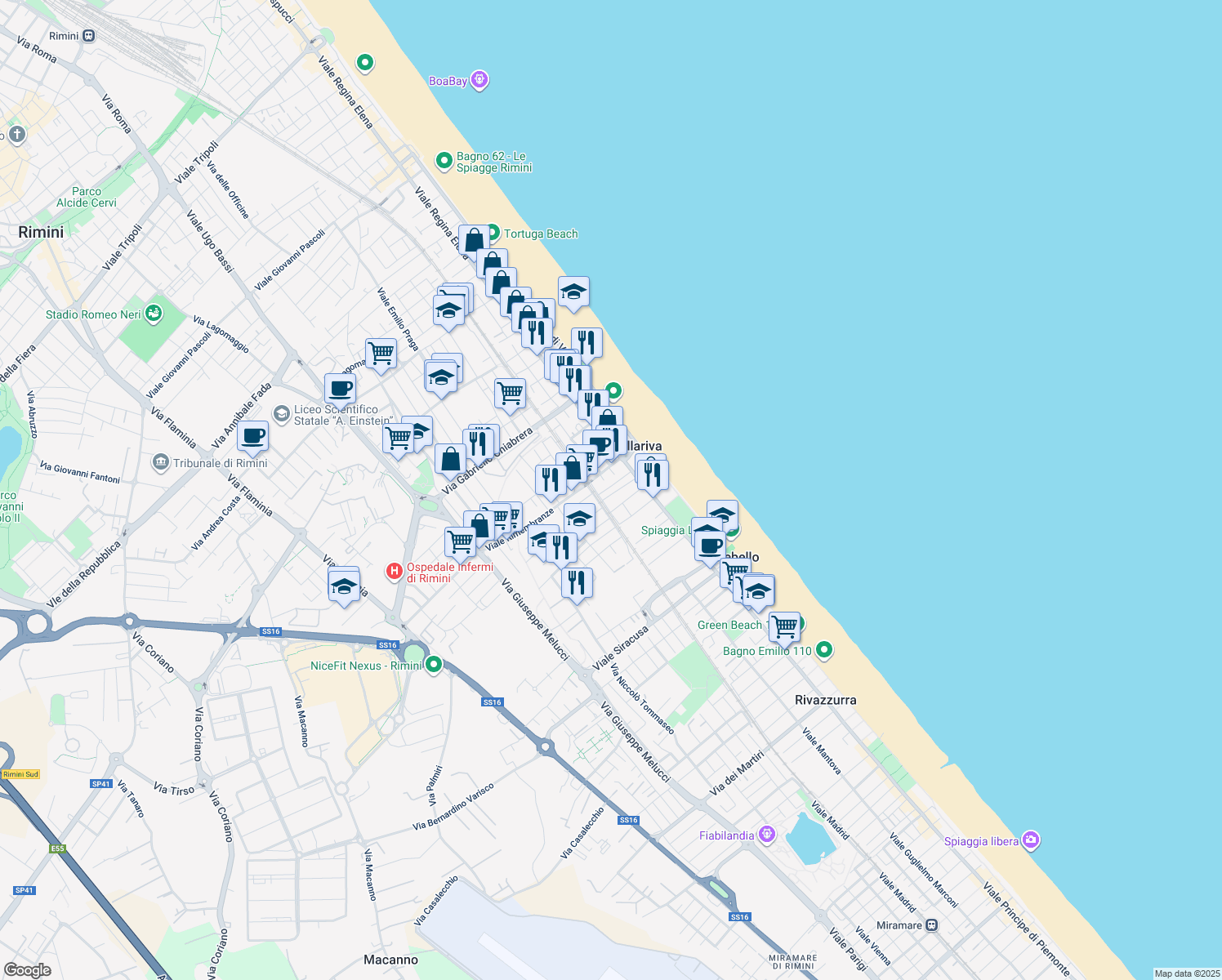 map of restaurants, bars, coffee shops, grocery stores, and more near 2 Via Briga in Rimini