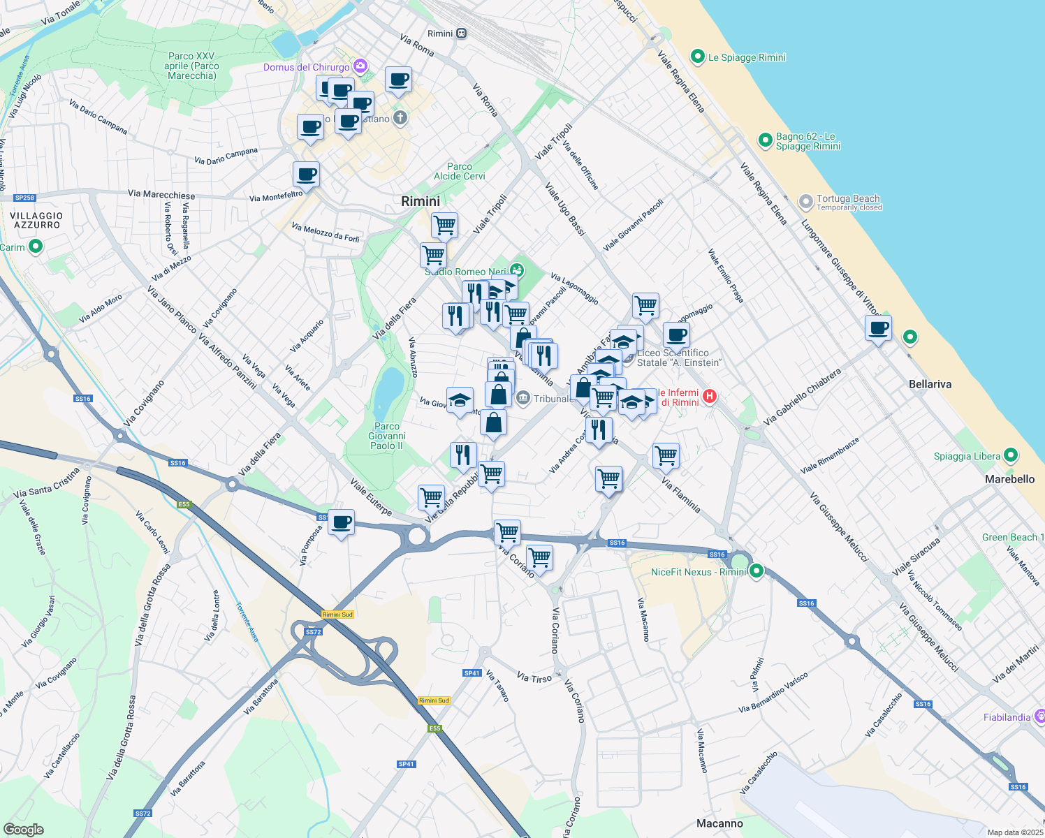 map of restaurants, bars, coffee shops, grocery stores, and more near Via Licio Giorgieri in Rimini