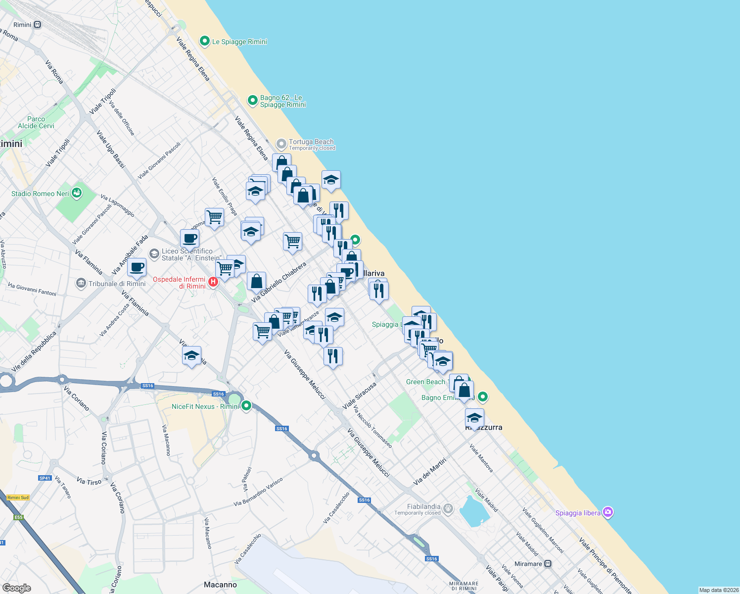 map of restaurants, bars, coffee shops, grocery stores, and more near 5 Viale Bertinoro in Rimini
