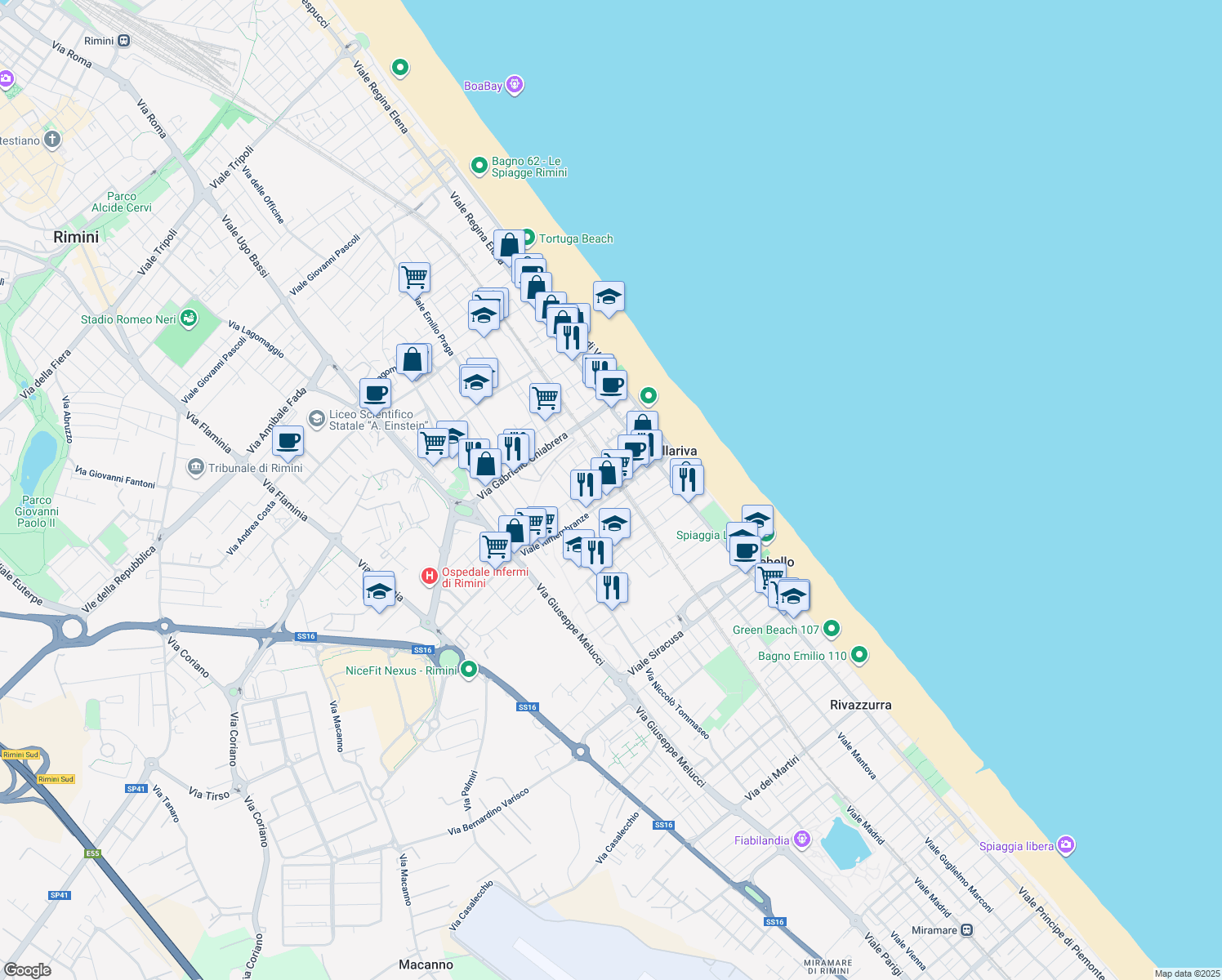 map of restaurants, bars, coffee shops, grocery stores, and more near 1 Viale Pesaro in Rimini