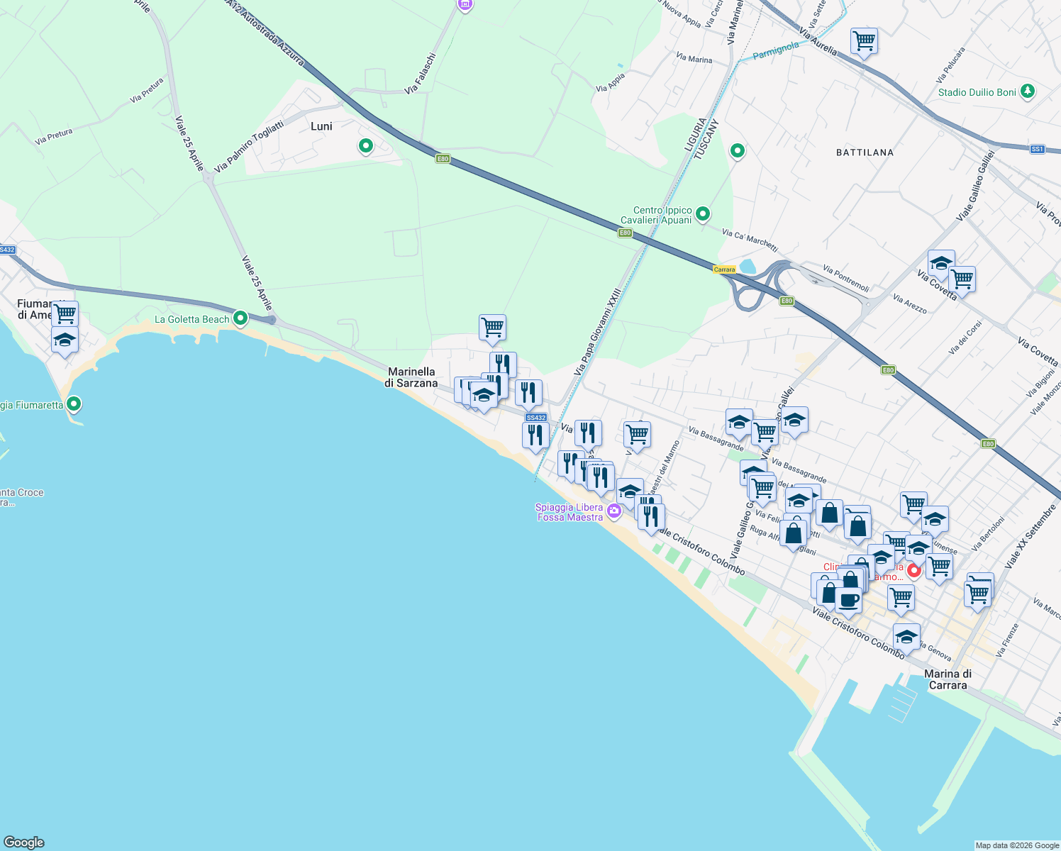 map of restaurants, bars, coffee shops, grocery stores, and more near 116 Viale Litoraneo in Marinella di Sarzana