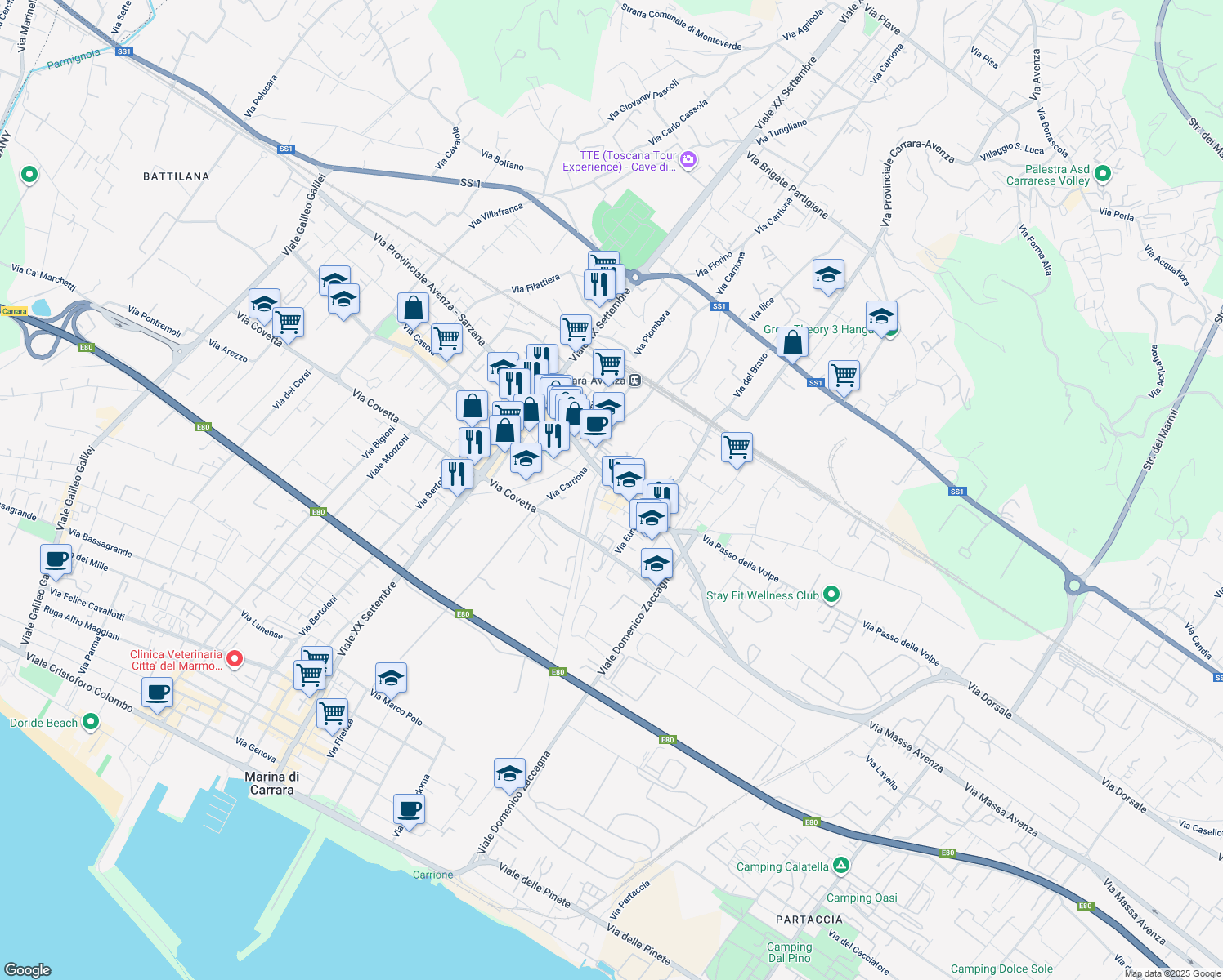 map of restaurants, bars, coffee shops, grocery stores, and more near Via L. Farini in Carrara